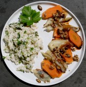 Blanched veg with wasabi seeds & coconut-herb-rice