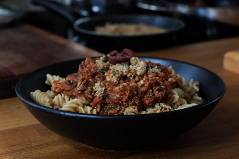 Pilze in einer vegane Bolognese Sauce